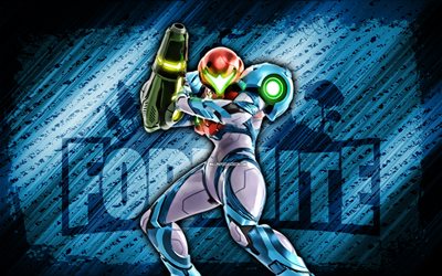 emmi hunter samus fortnite, 4k, الأزرق قطري الخلفية, فن الجرونج, فورتنايت, عمل فني, emmi hunter samus skin, شخصيات fortnite, emmi هنتر ساموس, fortnite emmi hunter samus skin
