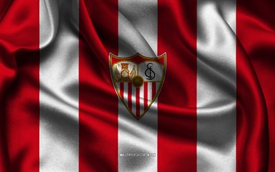 4k, セビージャ fc のロゴ, 赤白の絹織物, スペインのサッカー チーム, セビージャ fc のエンブレム, ラ・リーガ, セビージャfc, スペイン, フットボール, セビージャ fc の旗