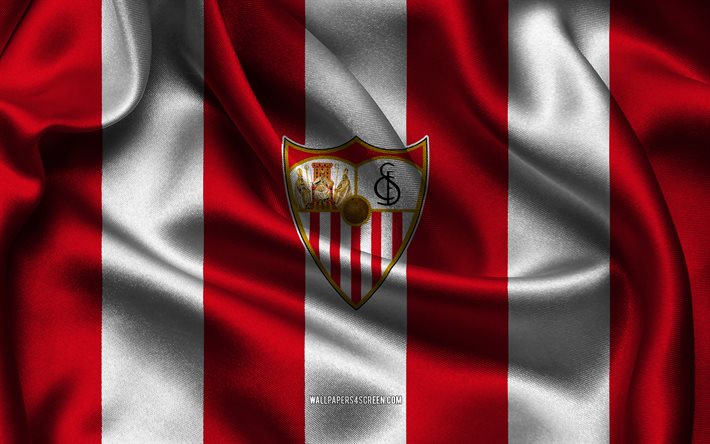 4k, sevilla fc logo, rot weißer seidenstoff, spanische fußballmannschaft, sevilla fc emblem, liga, fc sevilla, spanien, fußball, sevilla fc flagge