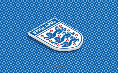4k, logo isométrique de l'équipe nationale de football d'angleterre, art 3d, art isométrique, équipe d'angleterre de football, fond bleu, angleterre, football, emblème isométrique