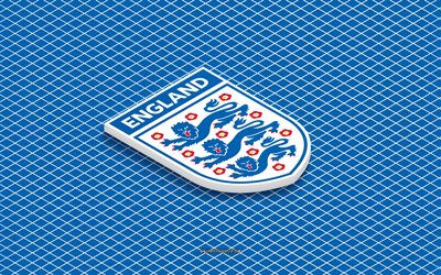 4k, isometrisches logo der englischen fußballnationalmannschaft, 3d kunst, isometrische kunst, englische fußballnationalmannschaft, blauer hintergrund, england, fußball, isometrisches emblem