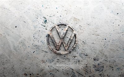 logo en pierre volkswagen, 4k, fond de pierre, logo volkswagen 3d, marques de voitures, créatif, logo volkswagen, grunge art, volkswagen