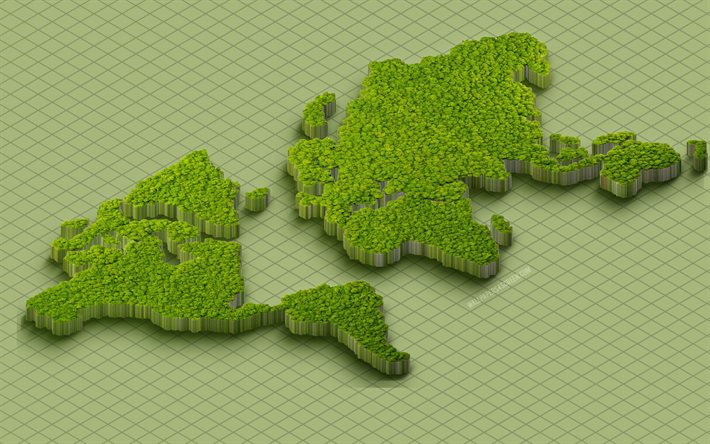 緑の世界地図, 4k, 緑の四角の背景, アイソメ マップ, 生態学の概念, 世界地図, 3d アート, 等尺性の世界地図, 3d 世界地図