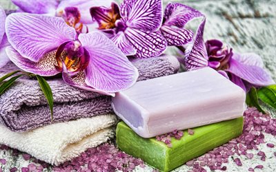 4k, accessoires spa, du savon, le bien être, cures thermales, savon violet, orchidées, pains de savon, savon lavande, fond de spa