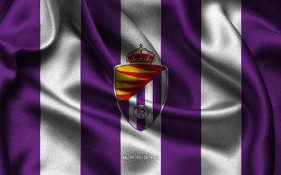 4k, echtes valladolid logo, lila weißer seidenstoff, spanische fußballmannschaft, echtes valladolid emblem, liga, echtes valladolid, spanien, fußball, echte valladolid flagge