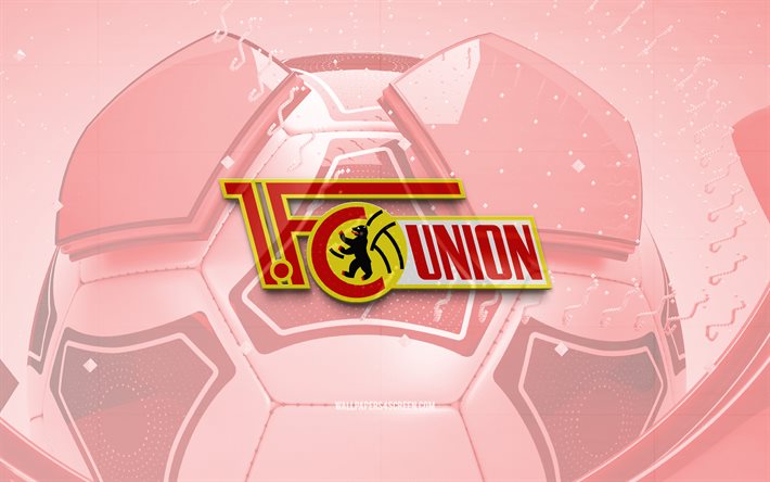 union berlin kiiltävä logo, 4k, punainen jalkapallo tausta, bundesliiga, jalkapallo, saksalainen jalkapalloseura, union berlin 3d logo, unionin berliinin tunnus, union berlin fc, urheilun logo, union berlin