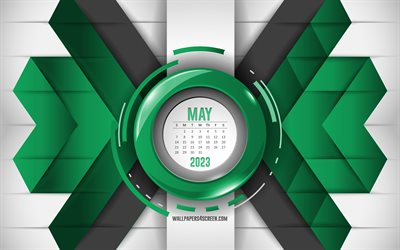 kalender mai 2023, 4k, grüner abstrakter hintergrund, kalender 2023, kann, hintergrund der grünen linien, 2023 konzepte, monatskalender