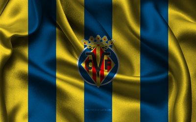 4k, Villarreal CF logo, yellow blue silk fabric, Spanish football team, Villarreal CF emblem, La Liga, Villarreal CF, Spain, football, Villarreal CF flag