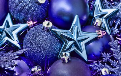 lila weihnachtskugeln, 4k, blaue sterne, lila weihnachtshintergrund, fröhliche weihnachten, sezhinki, frohes neues jahr