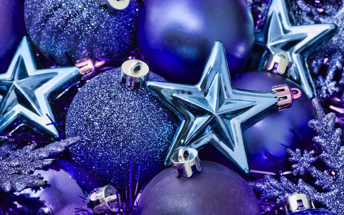 purple christmas balls, 4k, blue stars, purple christmas background, merry christmas, sezhinki, happy new year