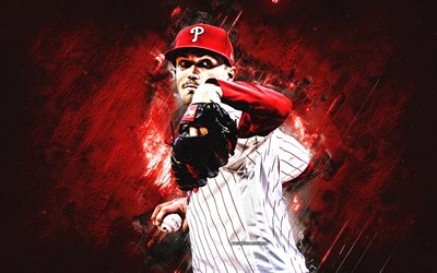 Kyle Gibson, Philadelphia Phillies, portrait, American baseball player, red stone background, Major League Baseball, grunge art, baseball, USA