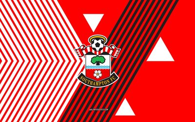 شعار نادي ساوثهامبتون, 4k, فريق كرة القدم الإنجليزي, خطوط بيضاء حمراء الخلفية, ساوثامبتون, الدوري الممتاز, إنكلترا, فن الخط, كرة القدم