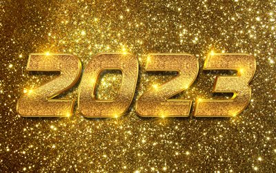2023 Happy New Year, 4k, golden glitter digits, golden glare, 2023 concepts, 2023 3D digits, xmas decorations, Happy New Year 2023, creative, 2023 glitter background, 2023 year