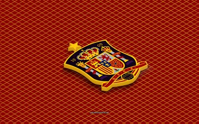 4k, isometrisches logo der spanischen fußballnationalmannschaft, 3d kunst, isometrische kunst, spanische fußballnationalmannschaft, roter hintergrund, spanien, fußball, isometrisches emblem