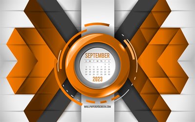 calendrier septembre 2023, 4k, abstrait orange, calendriers 2023, septembre, fond de lignes jaunes, concepts 2023, calendriers mensuels