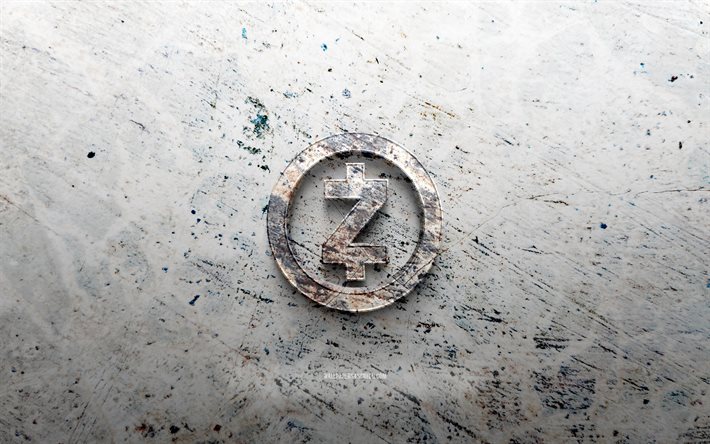 logo zcash in pietra, 4k, sfondo di pietra, logo zcash 3d, criptovalute, creativo, logo zcash, arte del grunge, zcash