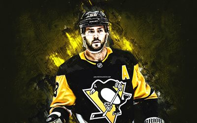 Kris Letang, Pittsburgh Penguins, portrait, NHL, Canadian hockey player, yellow stone background, hockey, National Hockey League