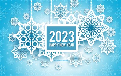4k, Happy New Year 2023, blue winter background, Winter background with white snowflakes, 2023 Happy New Year, 2023 concepts, white snowflakes, 2023 winter template, 2023 winter background