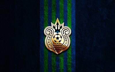 Shonan Bellmare golden logo, 4k, blue stone background, J1 League, japanese football club, Shonan Bellmare logo, soccer, Shonan Bellmare emblem, Shonan Bellmare, football, Shonan Bellmare FC
