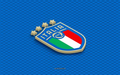4k, logotipo isométrico del equipo nacional de fútbol de italia, arte 3d, arte isometrico, selección de fútbol de italia, fondo azul, italia, fútbol, emblema isométrico