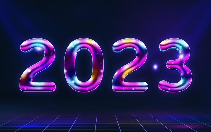2023 سنة جديدة سعيدة, 4k, أسلوب الديسكو, أرقام ثلاثية الأبعاد أرجوانية, 2023 مفاهيم, خلاق, 2023 رقم ثلاثي الأبعاد, عام جديد سعيد 2023, 2023 خلفية بنفسجية, 2023 سنة
