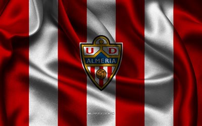 4k, logo dell'ud almería, tessuto di seta bianco rosso, squadra di calcio spagnola, emblema dell'ud almeria, la liga, ud almería, spagna, calcio, bandiera dell'ud almería