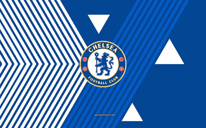 chelsea fc logo, 4k, englische fußballmannschaft, blaue weiße linien hintergrund, fc chelsea, erste liga, england, strichzeichnungen, chelsea fc emblem, fußball