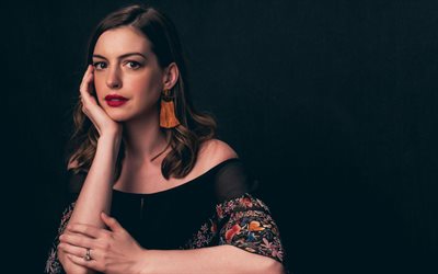 4k, Anne Hathaway, portrait, american actress, photoshoot, black dress, makeup, american star, popular actresses, Anne Jacqueline Hathaway