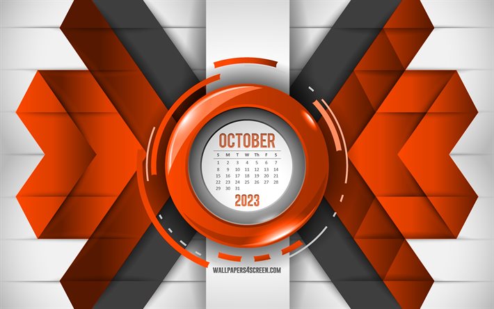 calendrier octobre 2023, 4k, abstrait orange, calendriers 2023, octobre, fond de lignes jaunes, concepts 2023, calendriers mensuels