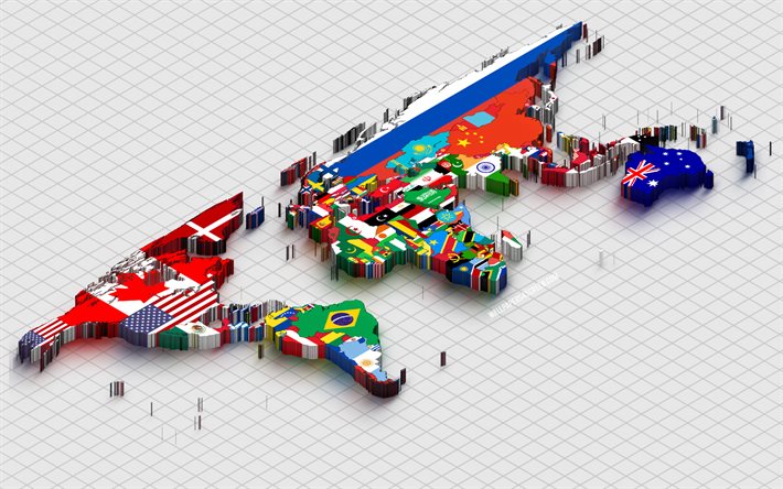 mappa del mondo politico, 4k, sfondo di quadrati grigi, mappa del mondo con bandiere, mappe isometriche, concetti di geopolitica, mappe del mondo, arte 3d, mappa del mondo politico 3d, mappa del mondo isometrica, mappa del mondo 3d