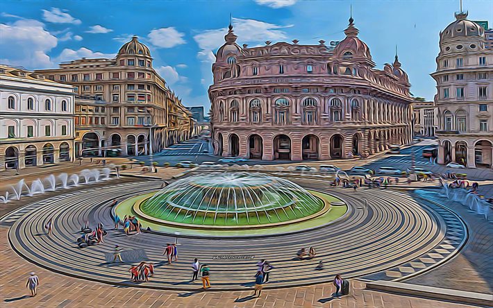4k, Piazza De Ferrari, Genoa, vector art, square, Piazza De Ferrari drawings, Genoa drawings, Genoa cityscape, art, Italy