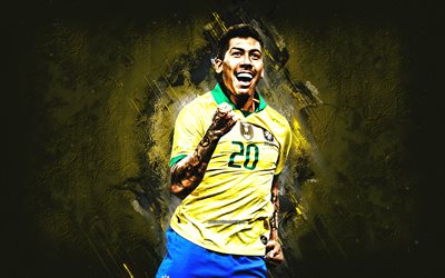 roberto firmino, brasilian jalkapallomaajoukkue, muotokuva, brasilialainen jalkapalloilija, hyökkäävä keskikenttäpelaaja, keltainen kivi tausta, brasilia, jalkapallo