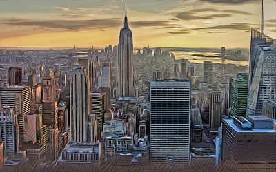 4k, empire state building, new york, vektori taidetta, ilta, auringonlasku, manhattan, new yorkin piirustukset, new yorkin kaupunkikuva, manhattanin piirustukset, usa