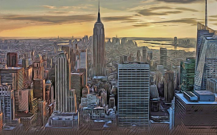 4k, 엠파이어 스테이트 빌딩, 뉴욕, 벡터 아트, 저녁, 일몰, 맨해튼, 뉴욕 드로잉, 뉴욕의 풍경, 맨해튼 도면, 미국