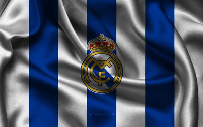 4k, real madrid logosu, mavi beyaz ipek kumaş, ispanyol futbol takımı, real madrid amblemi, la liga, real madrid, ispanya, futbol, real madrid bayrağı, real madrid cf