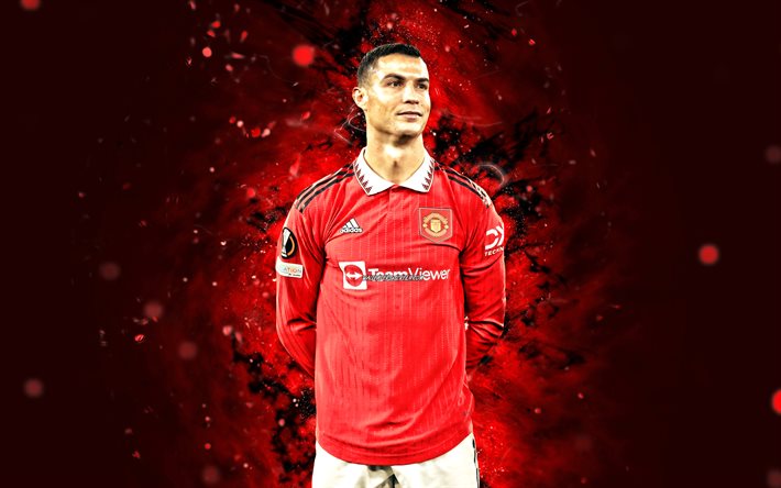 Cristiano Ronaldo, 4k, 2022, red neon lights, CR7 Man United, Manchester United FC, football stars, CR7, Manchester United, Cristiano Ronaldo Manchester United, Cristiano Ronaldo 4K