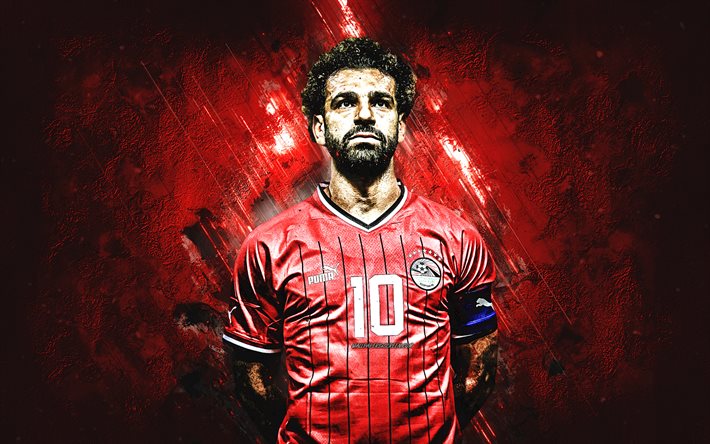 mohammed salah, ägyptische fußballnationalmannschaft, porträt, ägyptischer fußballer, roter steinhintergrund, ägypten, fußball, mo salah, weltfußballstars