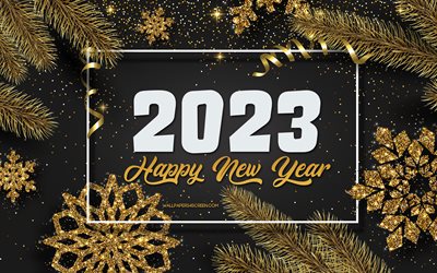 4k, 2023 gott nytt år, svart guld jul bakgrund, 2023 koncept, gyllene juldekorationer, gott nytt år 203, 2023 gratulationskort, 2023 gyllene snöflingor bakgrund