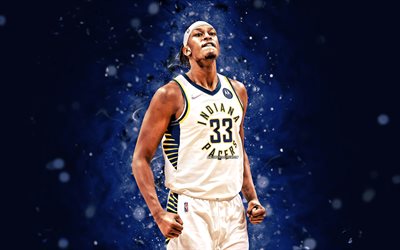 Myles Turner, 4k, blue neon lights, Indiana Pacers, NBA, basketball, Myles Turner 4K, blue abstract background, Myles Turner Indiana Pacers