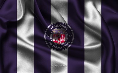 4k, logo del tolosa fc, tessuto di seta bianco viola, squadra di calcio francese, emblema del tolosa fc, lega 1, tolosa fc, francia, calcio, bandiera del tolosa fc
