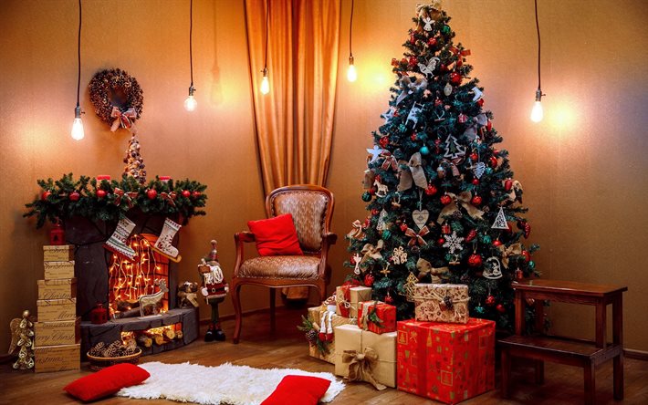 Christmas interior, fireplace, Christmas tree, Christmas scenery, Christmas decorations, New Year, Christmas evening, Merry Christmas