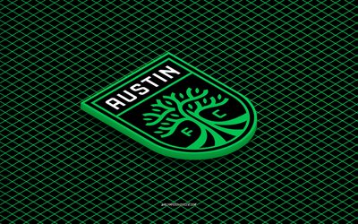 4k, logotipo isométrico do austin fc, arte 3d, clube de futebol americano, arte isométrica, austin fc, fundo verde, mls, eua, futebol, emblema isométrico, logotipo do austin fc