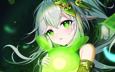 nahida, 4k, bola verde, impacto genshin, protagonista, mangá, menina de olhos verdes, impacto de nahida genshin