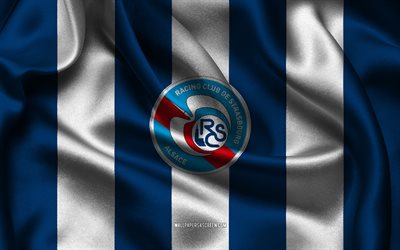 4k, rc strasbourg alsace logotyp, blåvitt sidentyg, franska fotbollslaget, rc strasbourg alsace emblem, ligue 1, rc strasbourg alsace, frankrike, fotboll, rc strasbourg alsace flagga