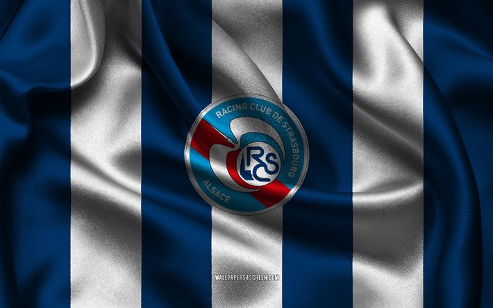 4k, logo dell'rc strasburgo alsazia, tessuto di seta bianco blu, squadra di calcio francese, emblema dell'rc strasburgo alsazia, lega 1, rc strasburgo alsazia, francia, calcio, bandiera rc strasburgo alsazia