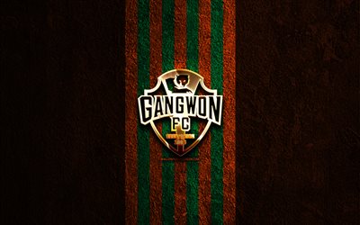goldenes logo von gangwon fc, 4k, orangefarbener steinhintergrund, k liga 1, südkoreanischer fußballverein, gangwon fc logo, fußball, gangwon fc emblem, gangwon fc, fc gangwon