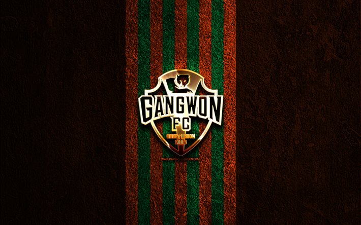 logo dorato del gangwon fc, 4k, sfondo di pietra arancione, serie k 1, squadra di calcio sudcoreana, logo dell'fc gangwon, calcio, stemma del gangwon fc, gangwon fc, fc gangwon