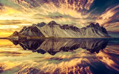वेस्ट्राहॉर्न, पहाड़, शाम, सूर्यास्त, दो विशिष्ट शिखर, पहाड़ का परिदृश्य, स्टोक्सनेस बीच, आइसलैंड