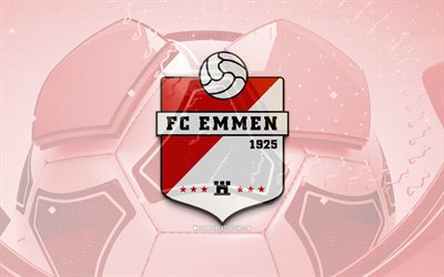 FC Emmen glossy logo, 4K, red football background, Eredivisie, soccer, belgian football club, FC Emmen 3D logo, FC Emmen emblem, Emmen FC, football, sports logo, FC Emmen logo, FC Emmen