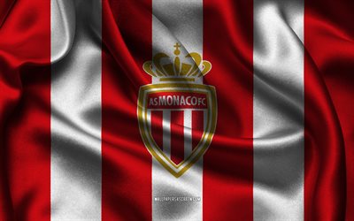 4k, AS Monaco logo, red white silk fabric, French football team, AS Monaco emblem, Ligue 1, AS Monaco, France, football, AS Monaco flag